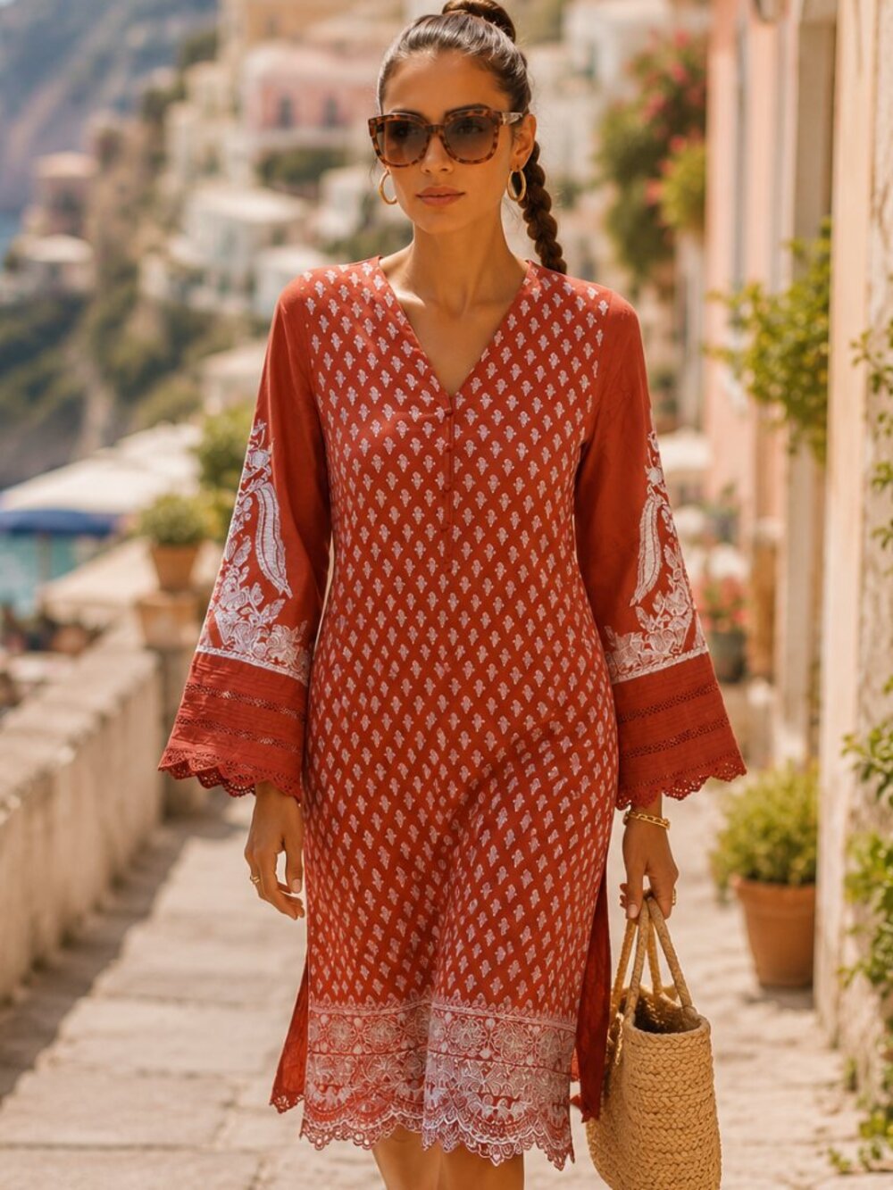 Khaadi Embroidery Boho Dress M Relaxed Fit Crochet Lace Trim Resort Vacation